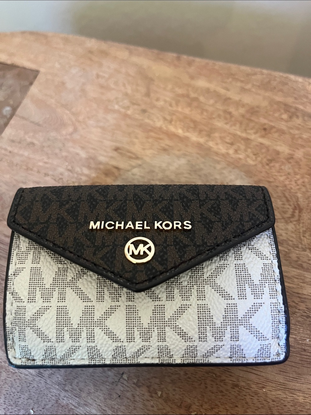 Michael Kors Two-Tone MK Logo Card Case in Dark Brown and Cream